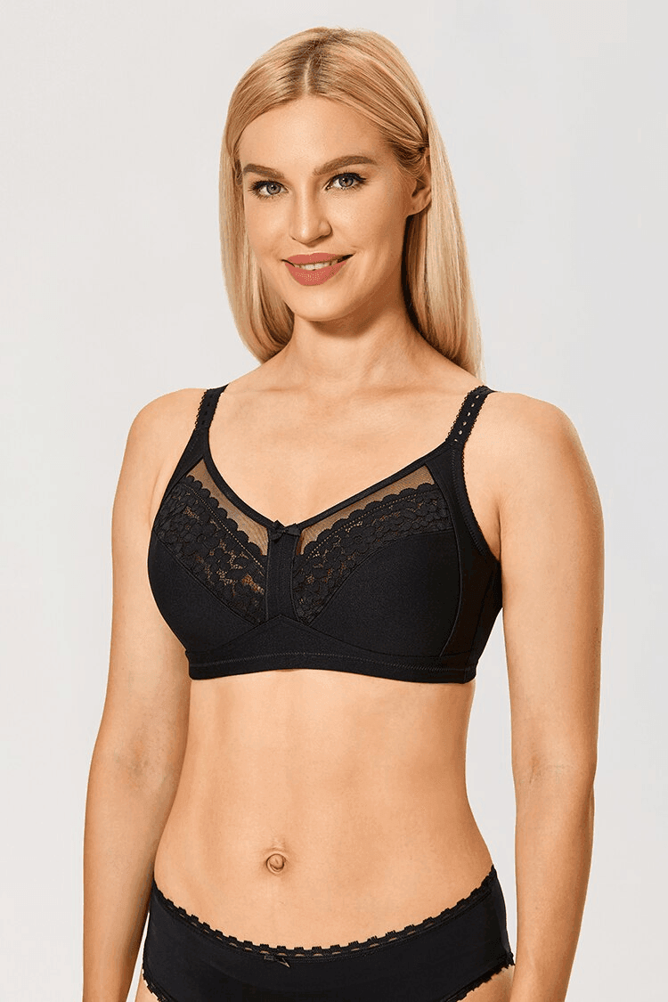 Front view of cotton full cup lace bra with floral upper cups in nude shade - MissFine