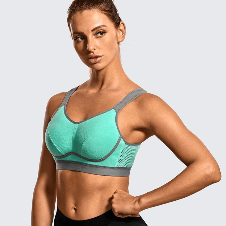 Front view of plus size mint and gray wirefree padded sports bra with full coverage cups - MissFine