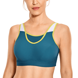Front view of teal blue plus-size sports bra with yellow and white trim and mesh panel - MissFine