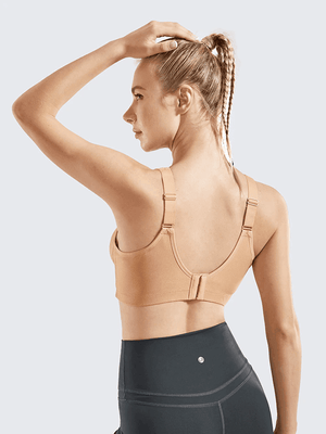 Back view of nude sports bra showing wide band, hook-and-eye back closure and adjustable straps - MissFine