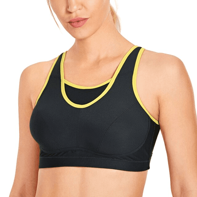 Front view of black sports bra with bright yellow racerback straps and full cup support - MissFine