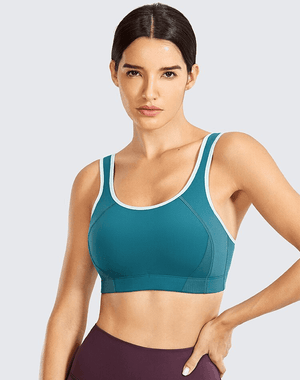 Back view of teal sports bra with posture-focused design and wide back straps - MissFine