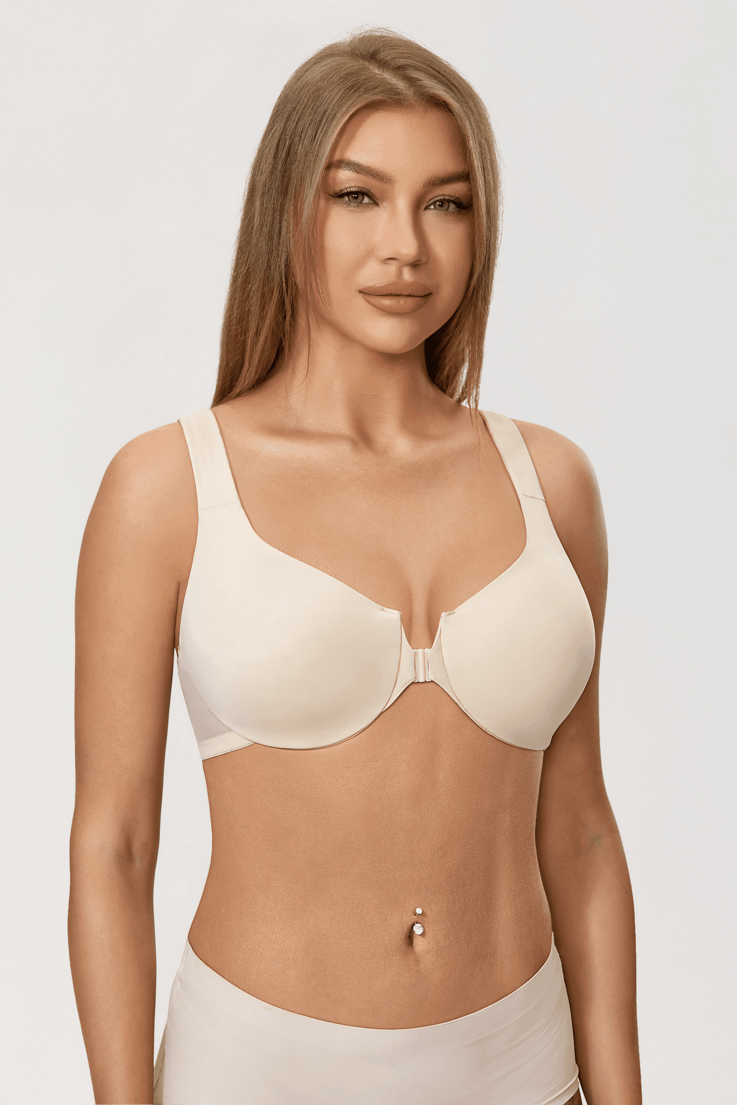 Back view of beige front-closure bra with mesh keyhole panel and wide support band - MissFine
