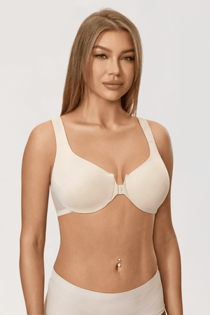 Back view of beige front-closure bra with mesh keyhole panel and wide support band - MissFine