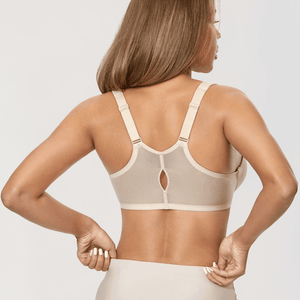 Side angle showing lightly padded t-shirt style cup and wide adjustable strap on nude bra - MissFine