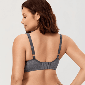 Back view of gray full coverage bra showing wide band and hook-and-eye back closure - MissFine