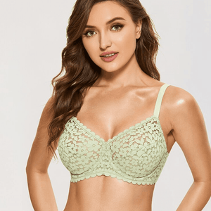 Front view of lace full cup minimiser bra with underwire and adjustable straps in mint - MissFine