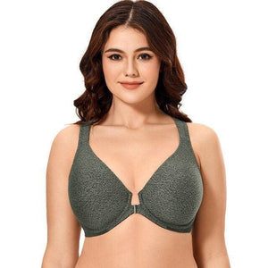 Front view chocolate brown front-closure full cup bra on model with adjustable straps - MissFine