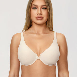 Front view of black wireless bra with deep V-neckline and front closure hook at center gore - MissFine