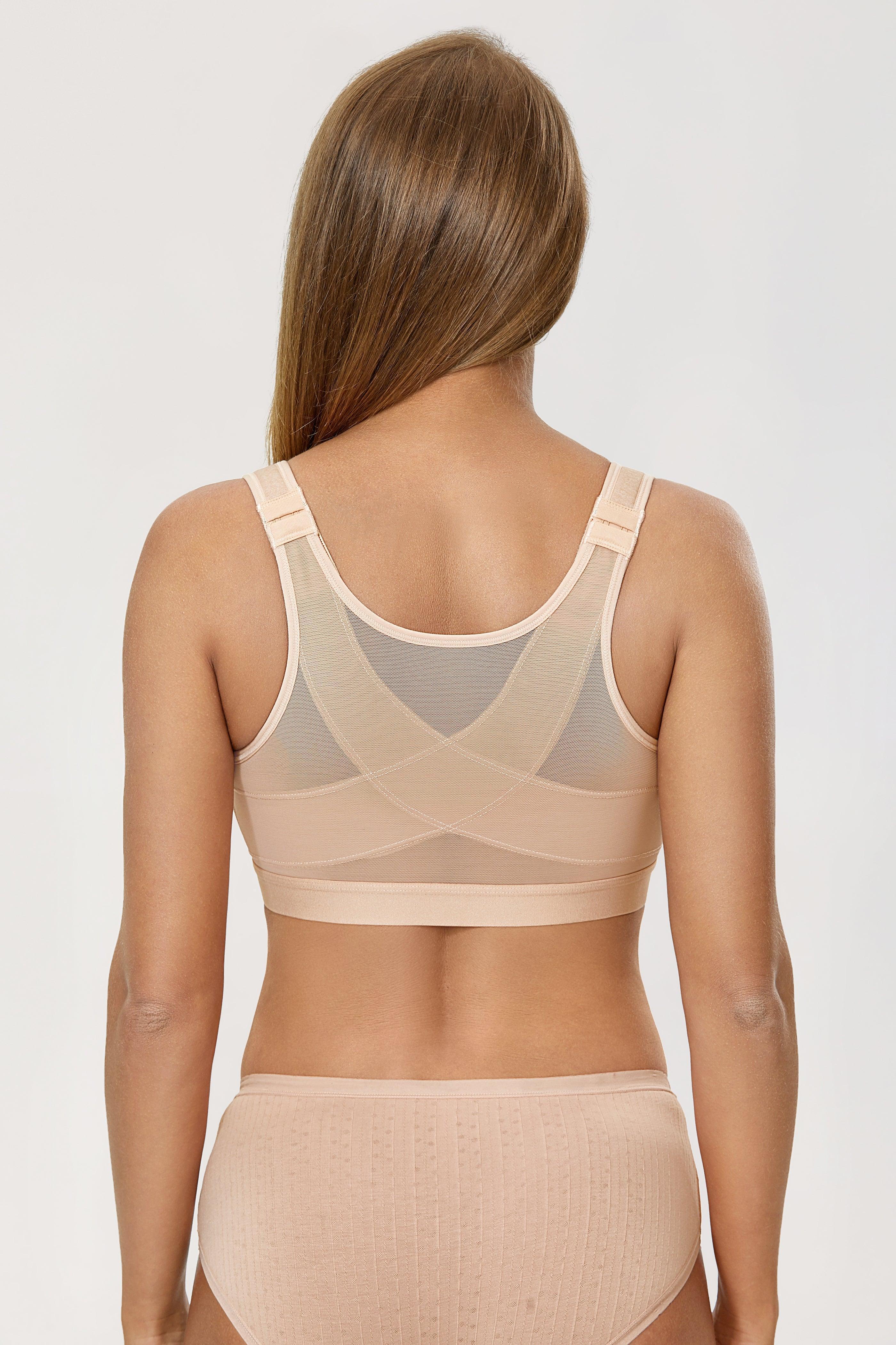 Back view of nude posture support bra with wide band and crossed elastic back panels - MissFine