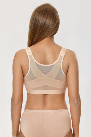 Back view of nude posture support bra with wide band and crossed elastic back panels - MissFine