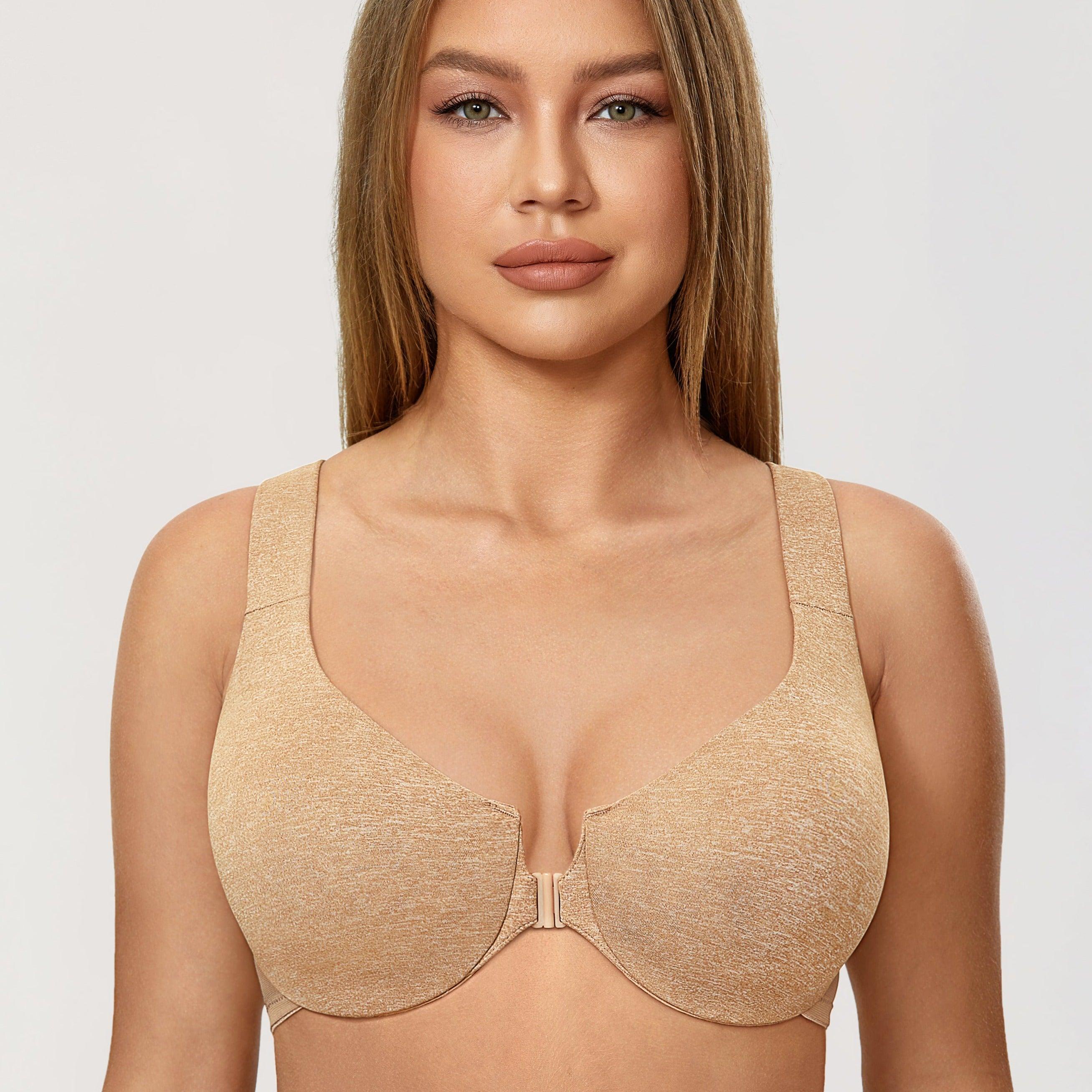 Front view of nude seamless underwired bra with molded full cups and front clasp closure - MissFine