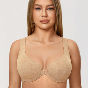 Front view of nude seamless underwired bra with molded full cups and front clasp closure - MissFine