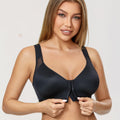 Front view of black full cup bra with zip-front closure and wide supportive straps - MissFine