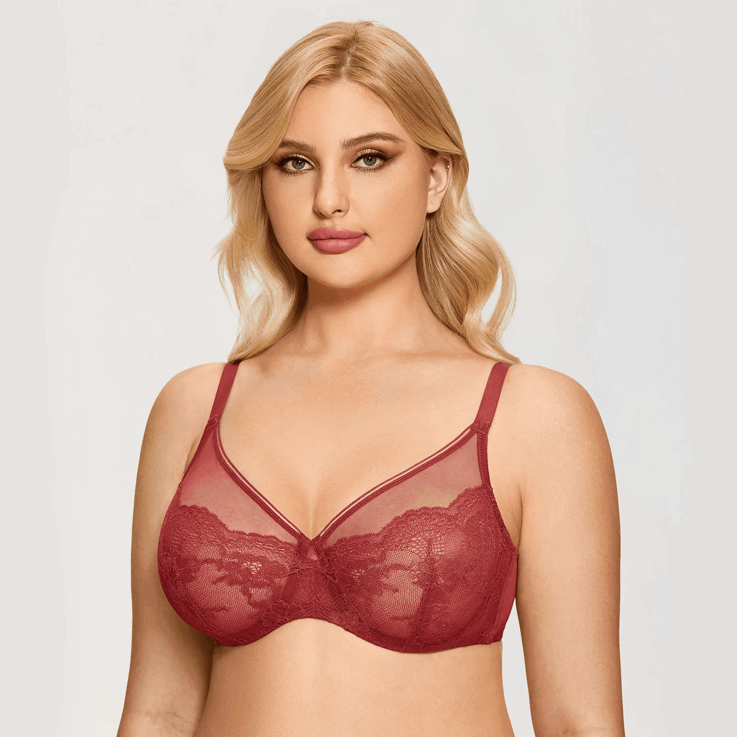 Front view of light green lace full cup minimiser bra with underwire - MissFine