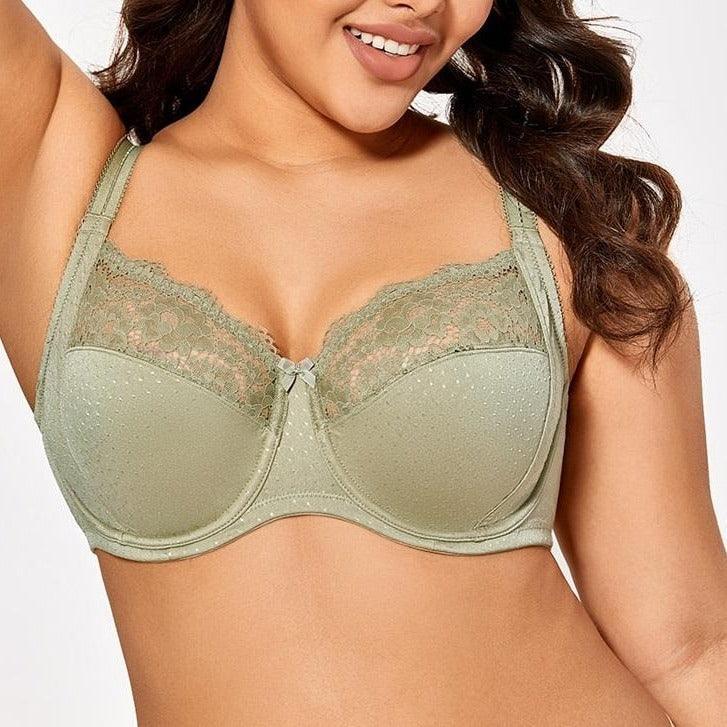 Front view of sage green full cup underwired bra with lace trim and padded molded cups - MissFine