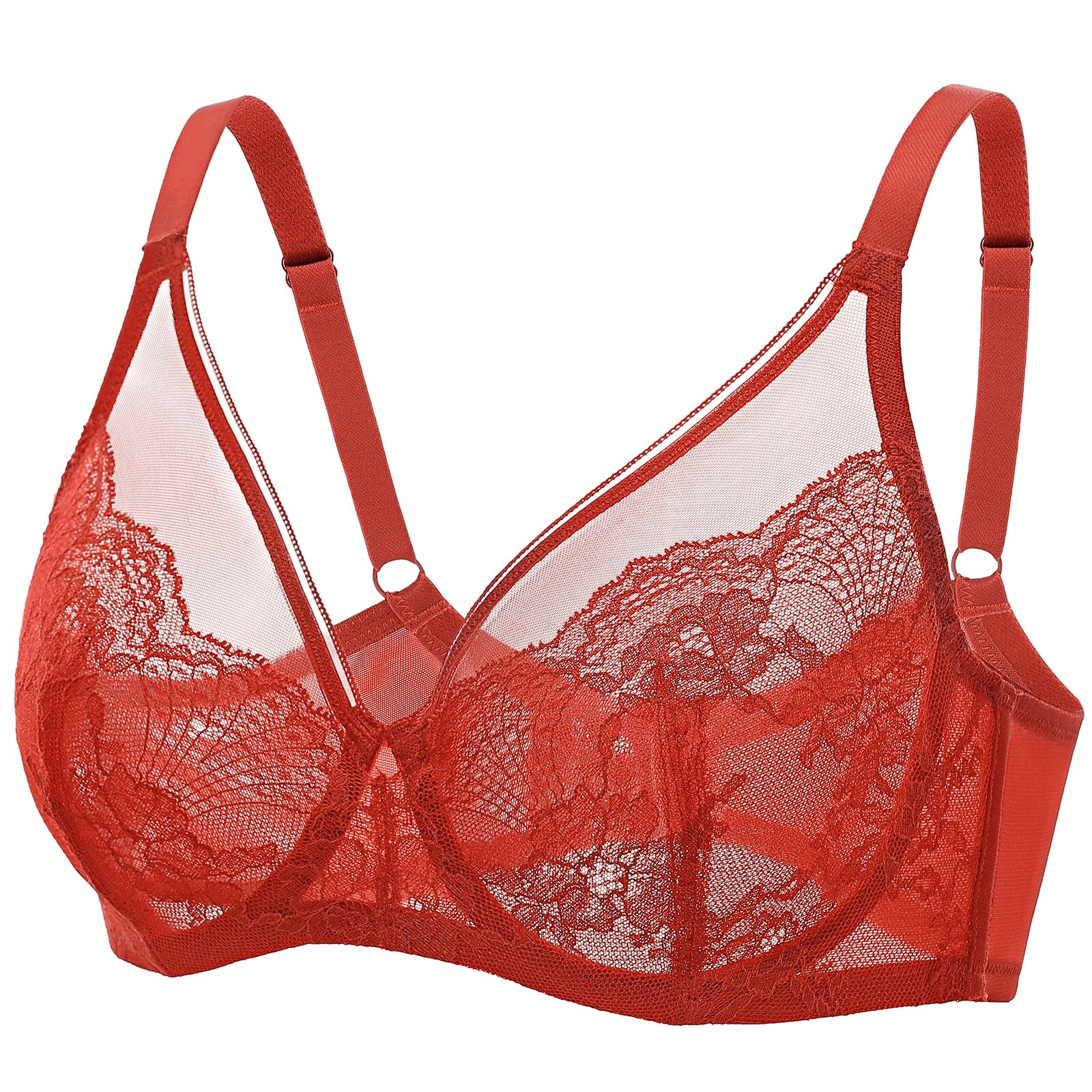 Close-up of floral lace and sheer mesh upper cup detailing on full cup bra - MissFine