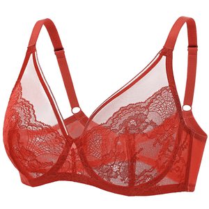Close-up of floral lace and sheer mesh upper cup detailing on full cup bra - MissFine