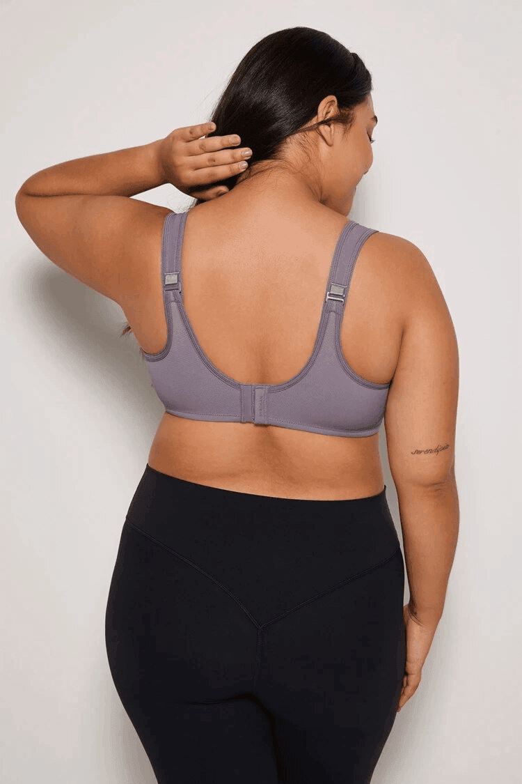 Back view of mauve sports bra with wide straps and multi-row hook-and-eye back closure - MissFine