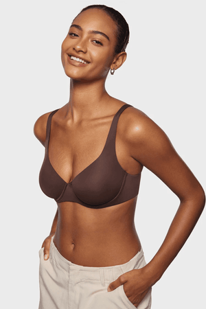 Front view of nude seamless underwired full coverage bra with V neckline - MissFine
