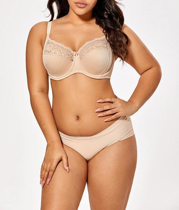 Close-up of lace neckline and center bow detail on full coverage molded cup bra - MissFine