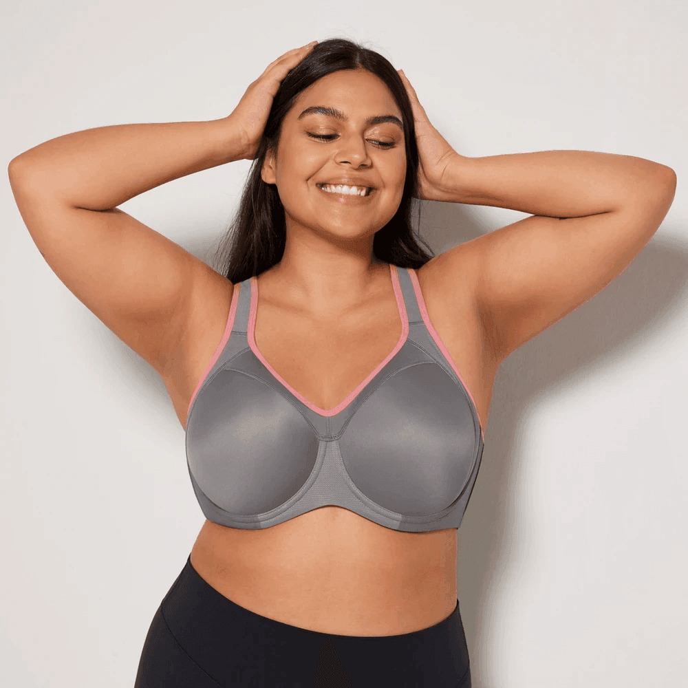 Front view of grey full cup sports bra with pink trim and molded underwired cups - MissFine
