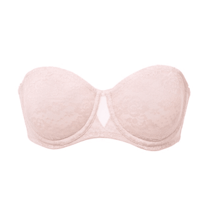 Close-up of lace overlay texture on seamless strapless bra cups and center gore - MissFine