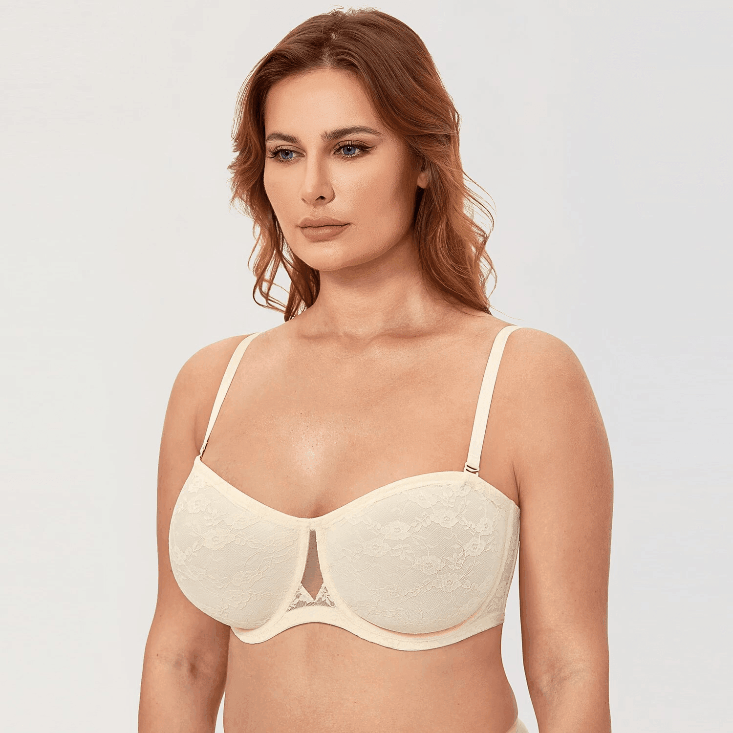 Angled side view showing molded padded cups and underwire support on strapless bra - MissFine