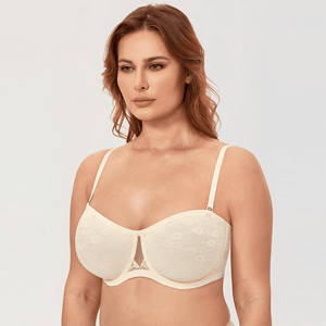 Angled side view showing molded padded cups and underwire support on strapless bra - MissFine