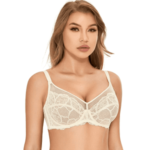 Back view of minimiser bra with wide lace band and hook-and-eye closure - MissFine