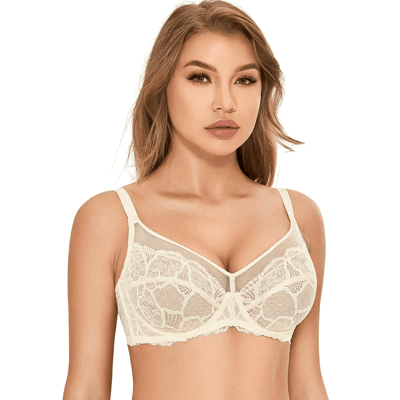 Back view of minimiser bra with wide lace band and hook-and-eye closure - MissFine