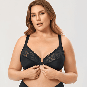 Front view of black full cup front closure bra with lace upper cups and smooth molded lower cups - MissFine