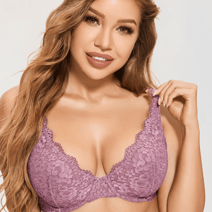 Side angle showing adjustable straps and full coverage lace cups on plus size bra - MissFine
