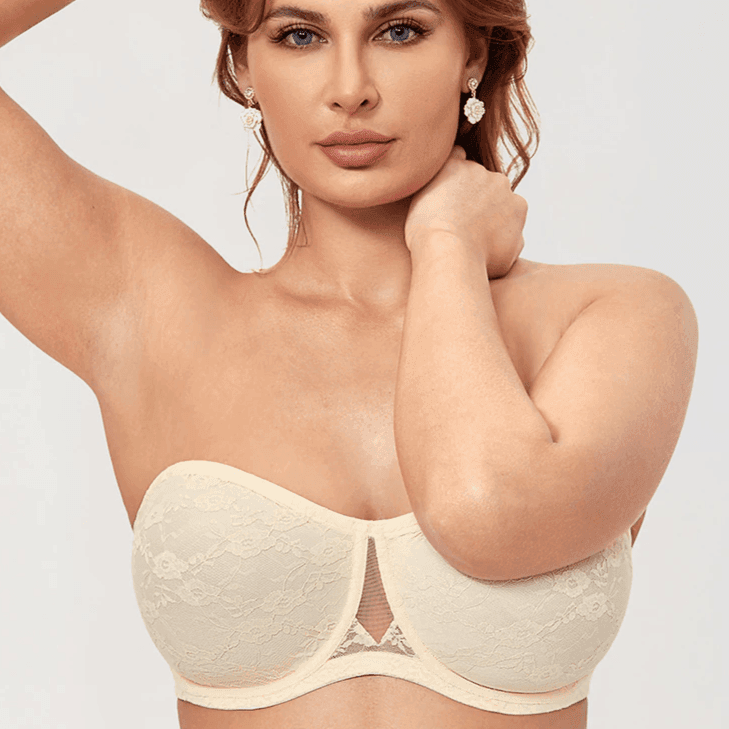 Front view of light pink seamless strapless bra with lace overlay cups - MissFine