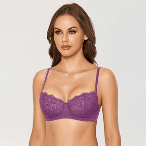 Side angle of purple moulded plunge bra showing push-up padding and adjustable straps - MissFine