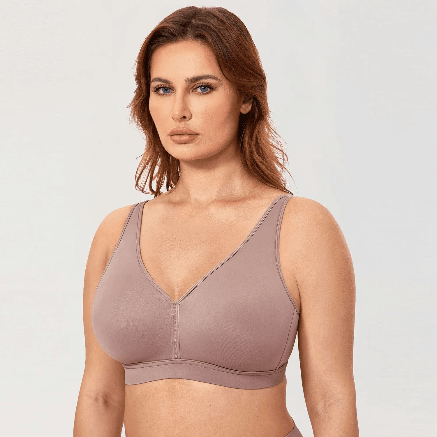 Side angle of wire-free full coverage bra highlighting V-neckline and molded cups - MissFine