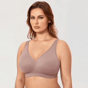 Side angle of wire-free full coverage bra highlighting V-neckline and molded cups - MissFine