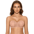 Front view of nude seamless strapless bra with lace overlay and molded cups - MissFine
