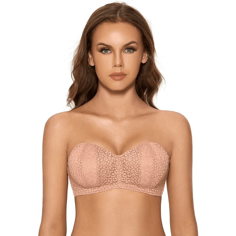 Front view of nude seamless strapless bra with lace overlay and molded cups - MissFine