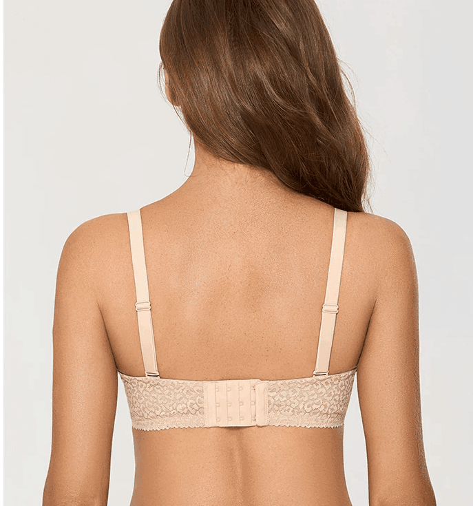 Close-up of floral lace texture on seamless strapless bras in nude and black - MissFine