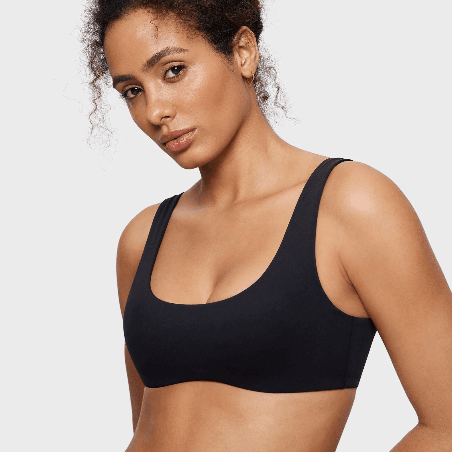 Front view of black non wired full cup yoga bra with seamless padded cups and wide straps - MissFine