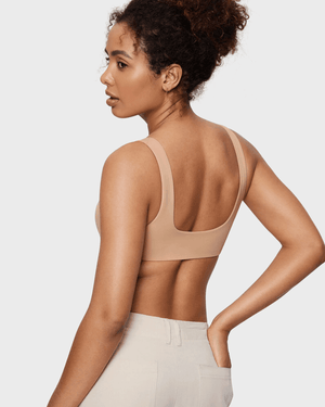 Back view of nude racerback pull-on yoga bra showing U-shaped opening and wide straps - MissFine
