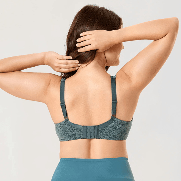 Close-up of lace overlay on molded cups and smooth neckline edge detail - MissFine