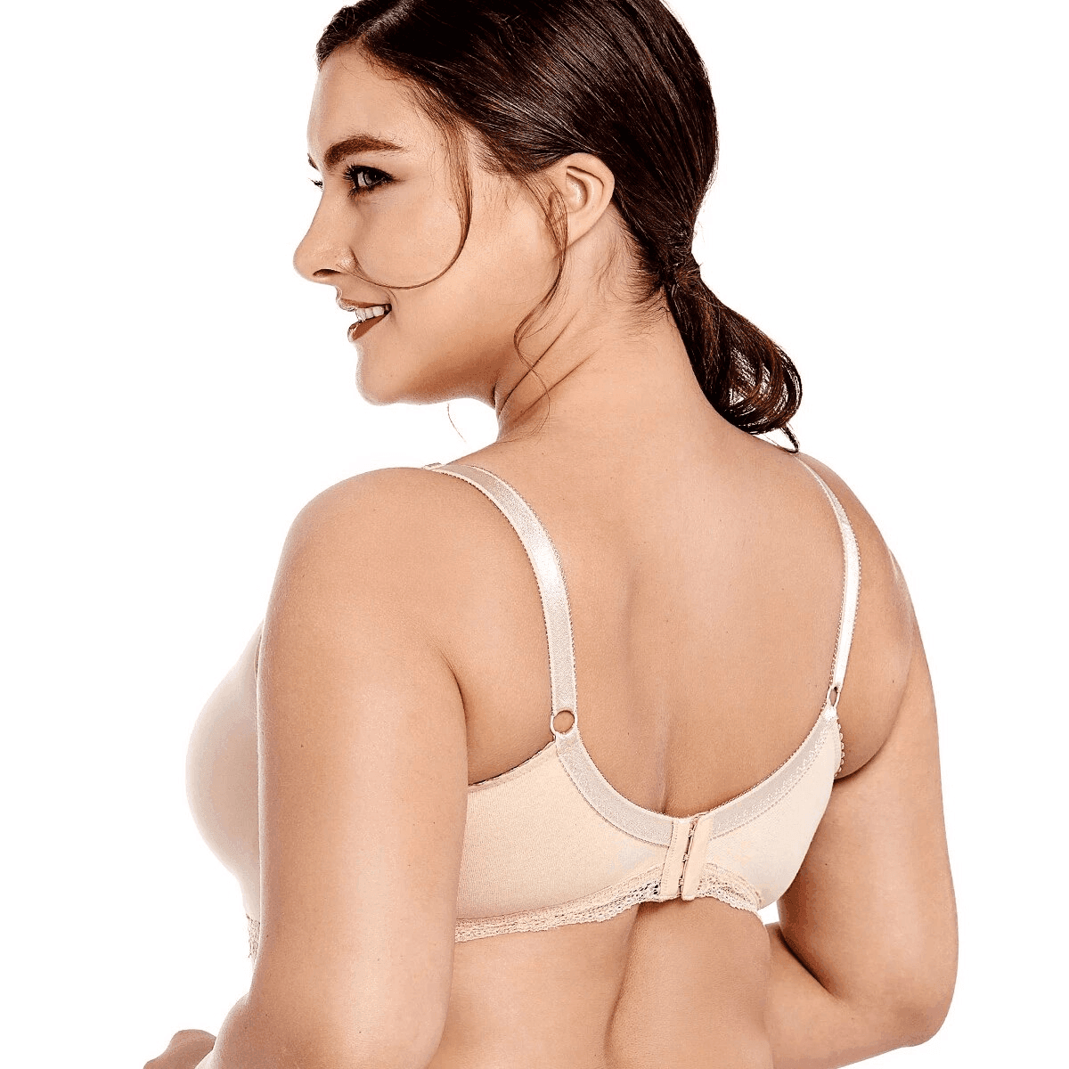 Back view of nude bra with wide band and multi-hook back closure for support - MissFine