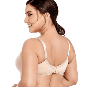 Back view of nude bra with wide band and multi-hook back closure for support - MissFine