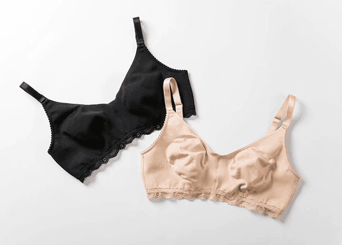 Flat lay of black and nude full cup bras with lace trim and adjustable straps - MissFine