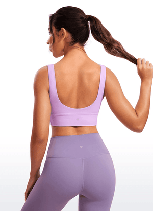 Back angle of light purple pull-on wireless sports bra with seamless band - MissFine