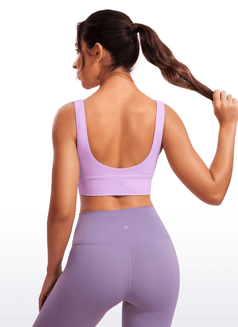 Back angle of light purple pull-on wireless sports bra with seamless band - MissFine