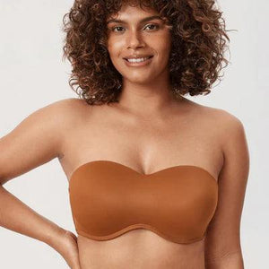 Side angle showing seamless strapless bra with full coverage molded cups and underwire support - MissFine