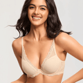 Front view of nude padded plunge bra with smooth moulded cups and lace trim on model torso - MissFine